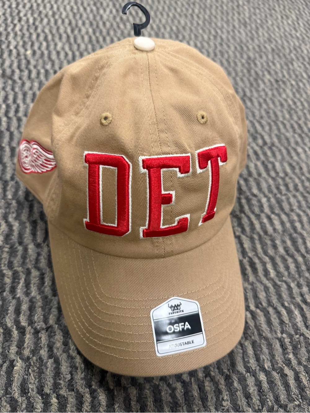 Detroit Red Wings Embroidered Tan Baseball Cap with Red Lettering